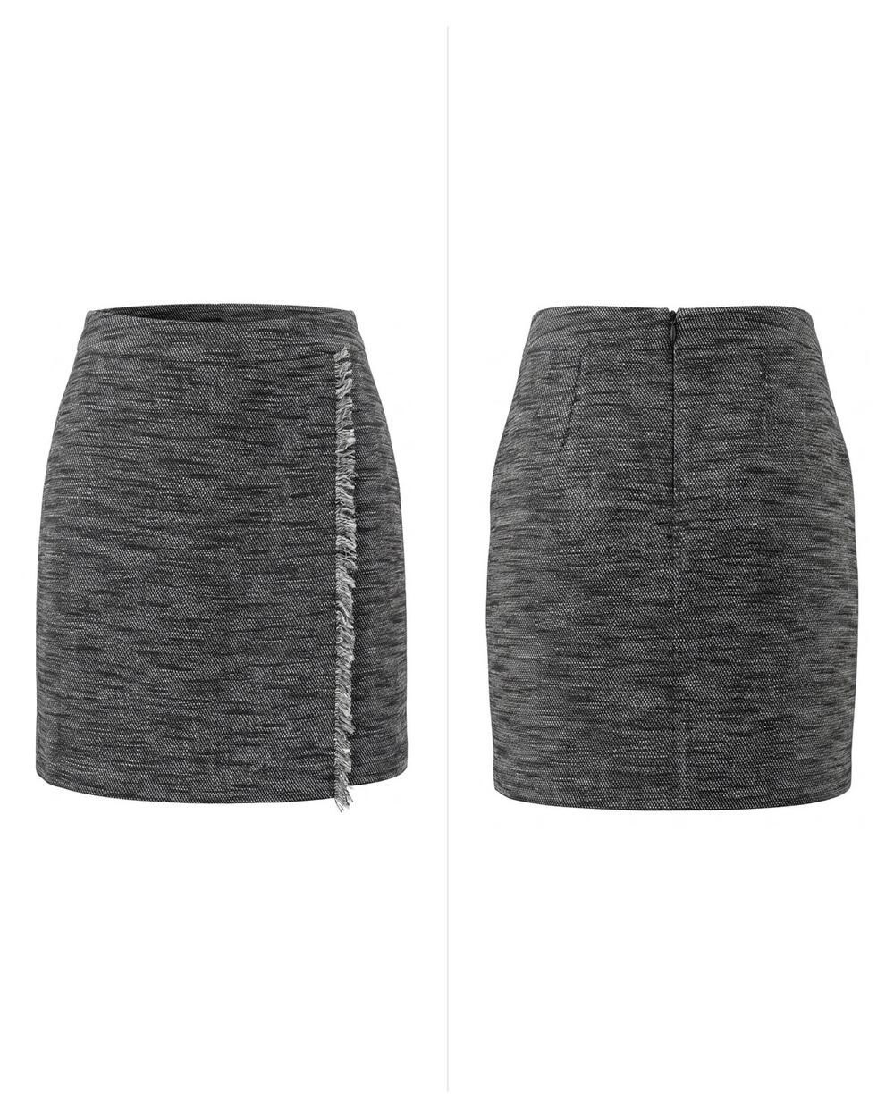 Loft Gray Tweed Fringe Trim Faux Wrap Skirt Solid Lined Women Size 8